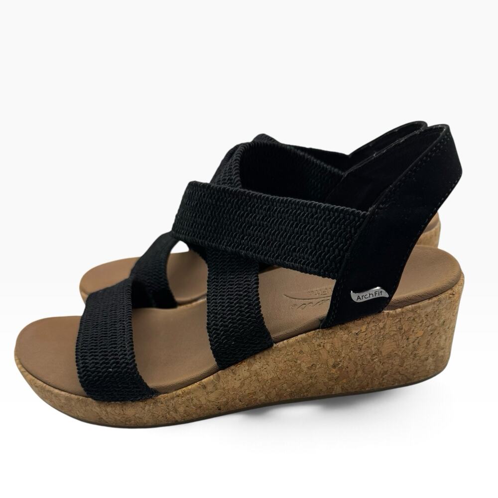 Skechers Black Arch Fit Strappy Wedge Sandals Womens Size 8.5 Cork Wedge